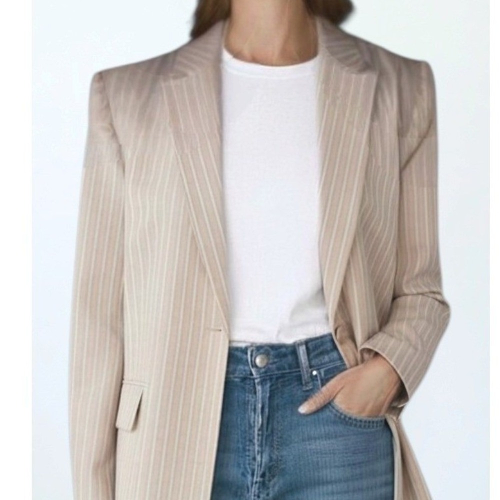 SUNDARBAY Womens M NWT Pinstripe Oversized Blazer Nude Beige Wool Blend